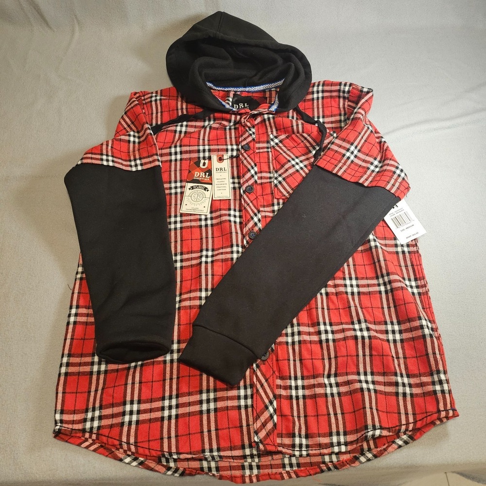 DRL Red and Black Flannel Hooded‎ Shirt Men's Medium
